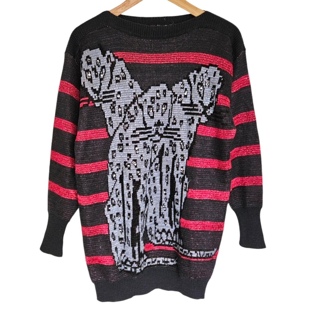 80s metallic striped leopard graphic sweater‎